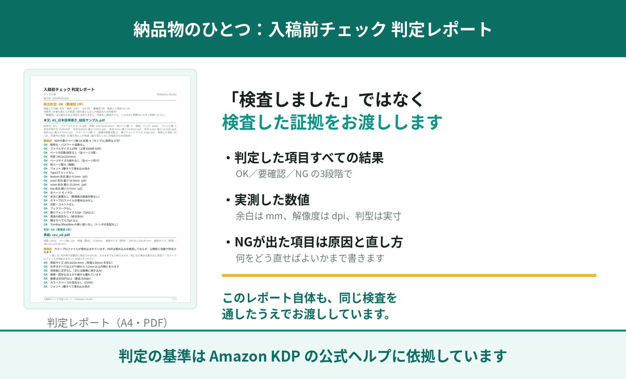 Kindleペーパーバックの入稿PDFを検査します 入稿で弾かれる原因を20項目、機械で判定します イメージ2