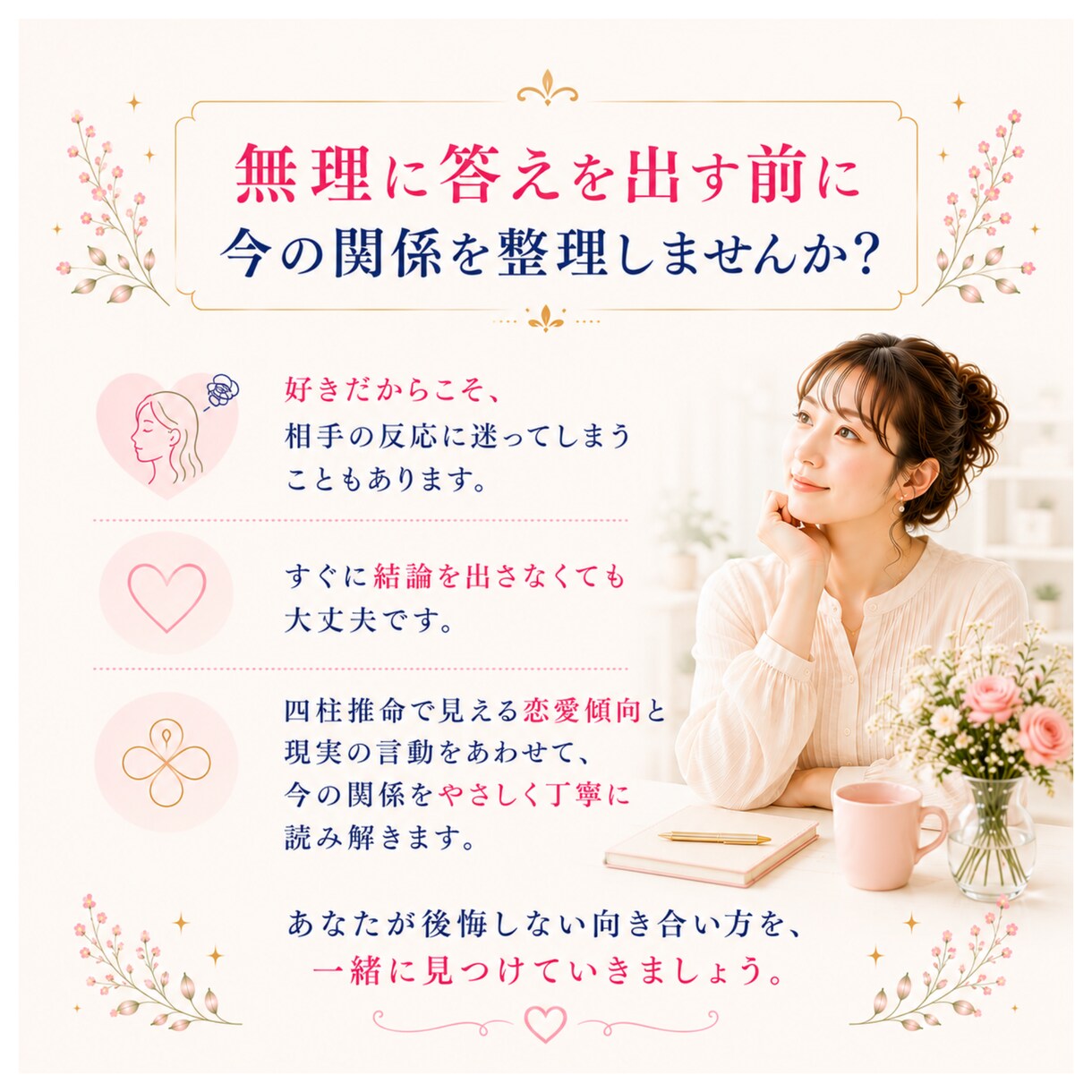 四柱推命で【相手の気持ち】を読み解きます 曖昧な恋の不安を恋愛傾向と接し方から丁寧に相談致します イメージ9