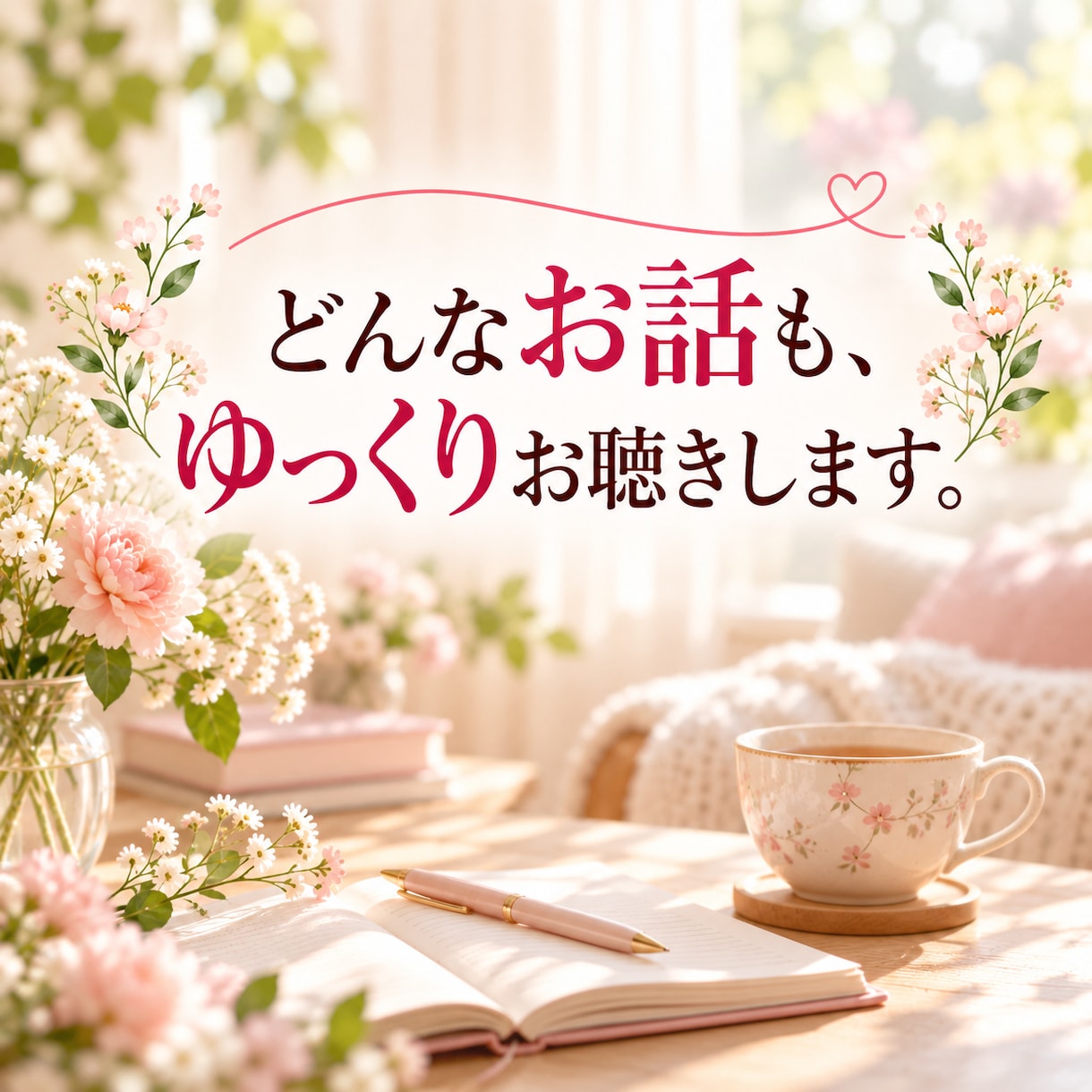 つらい気持ちやモヤモヤをやさしく丁寧にお聴きします 5分だけでも大丈夫。20年以上女性の心に寄り添ってきました。 イメージ7