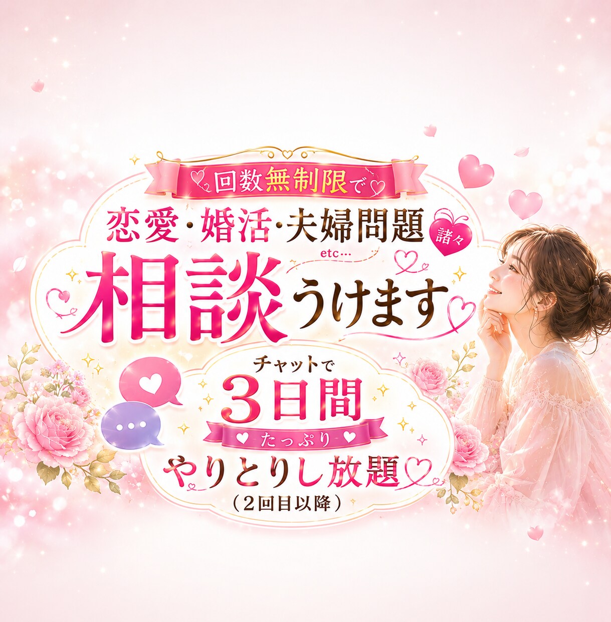 回数無制限で恋愛・婚活・夫婦問題諸々相談うけます チャットで3日間たっぷりやりとりし放題♡（2回目以降） イメージ1