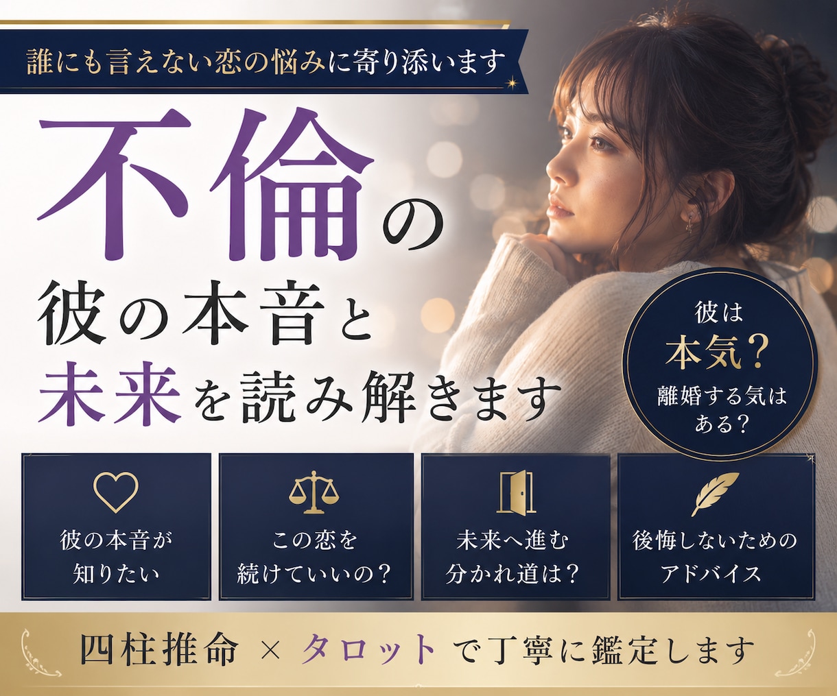 不倫、つらい複雑な恋、彼の本音と未来を読み解きます 誰にも言えない恋、眠れない夜を過ごしているあなたへ。 イメージ2