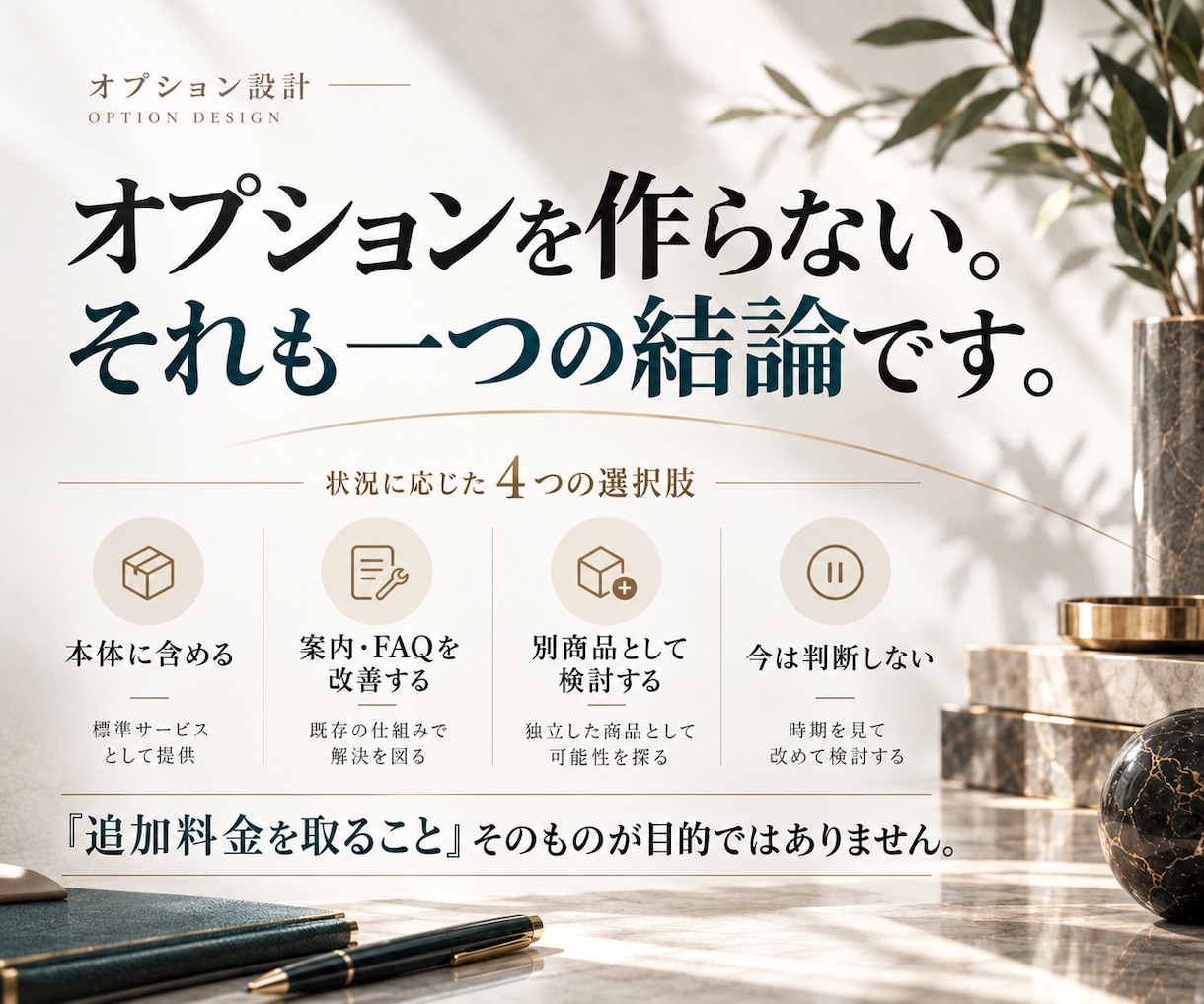 販売実績ある商品・サービスのオプションを設計します 商品・サービス本体を崩さず、追加価値・価格・見せ方を整理 イメージ7