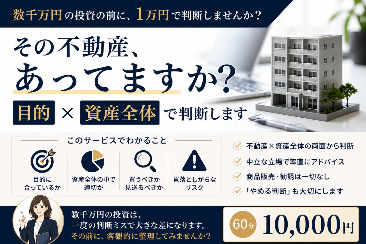 その不動産あってますか？目的×資産全体で判断します 数千万円の不動産投資の前に、1万円で判断しませんか？ イメージ1