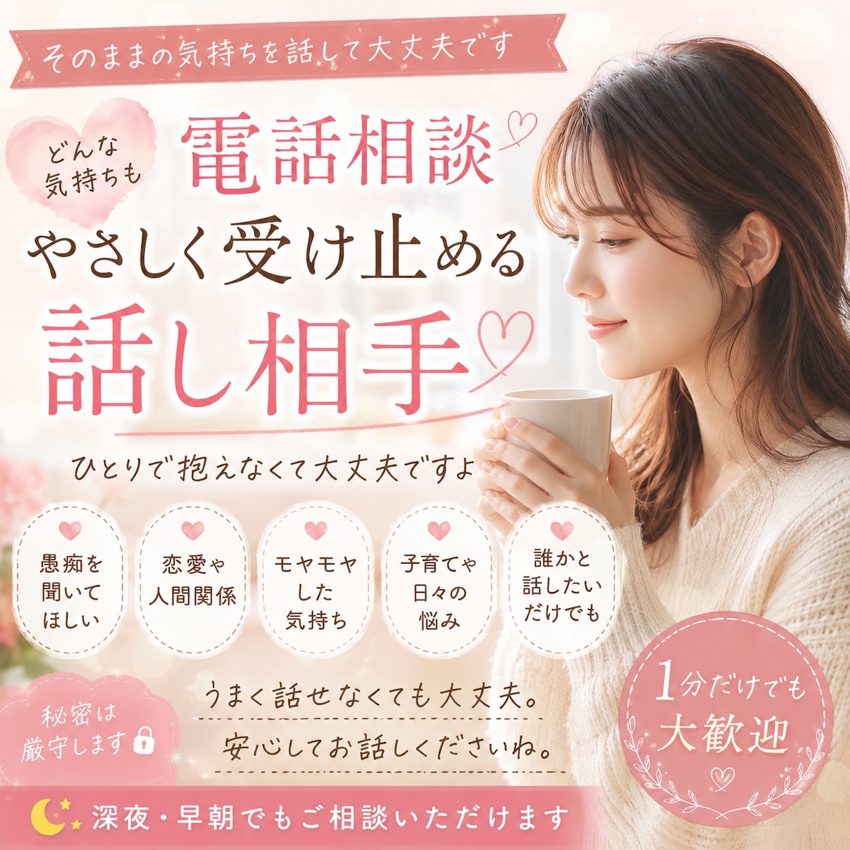 愚痴・恋愛・悩みをそのまま受け止めます どんな気持ちも受け止めるやさしい話し相手 イメージ1