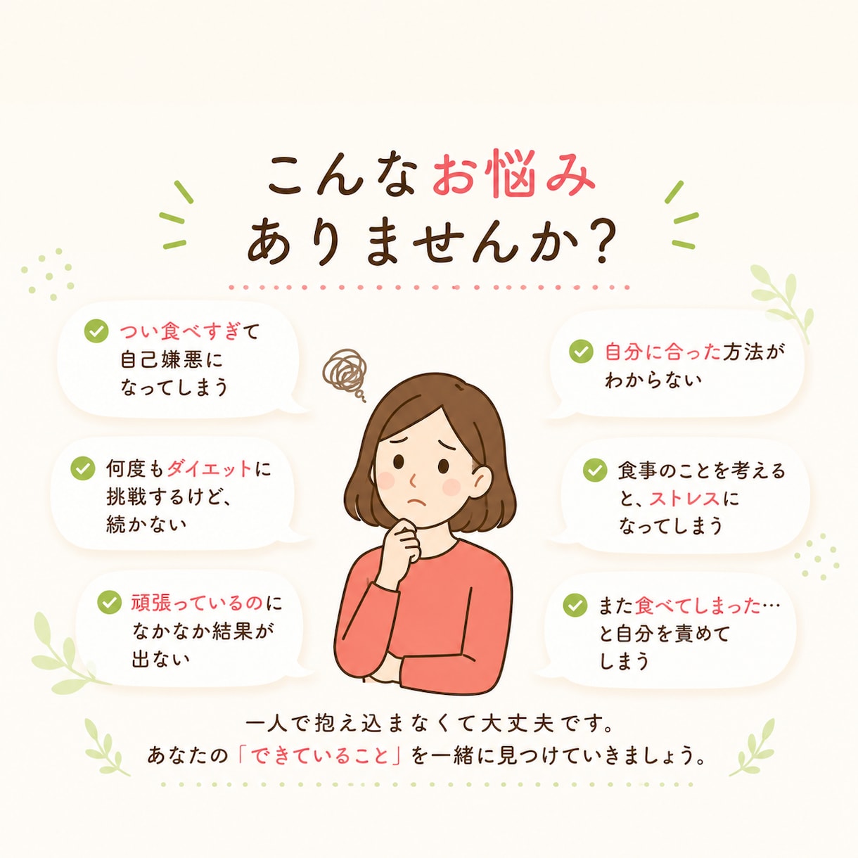 あなたのダイエットが続くヒントを一緒に見つけます ダメ出しではなく「できている」を土台にあなたの型をつくります イメージ2