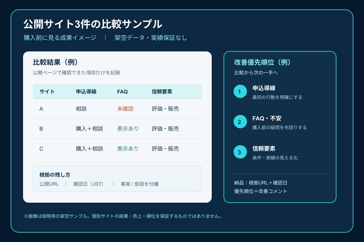 競合3サイト比較で自社の改善優先順位を提案します 公開情報を同じ4分類で確認・比較します イメージ3