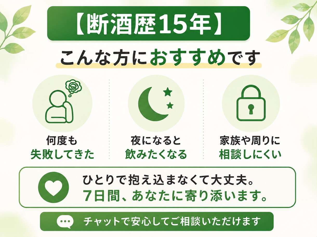 断酒歴15年｜一人で続かない断酒を7日間伴走します 元アルコール依存の経験者が7日間チャットでサポートします イメージ3