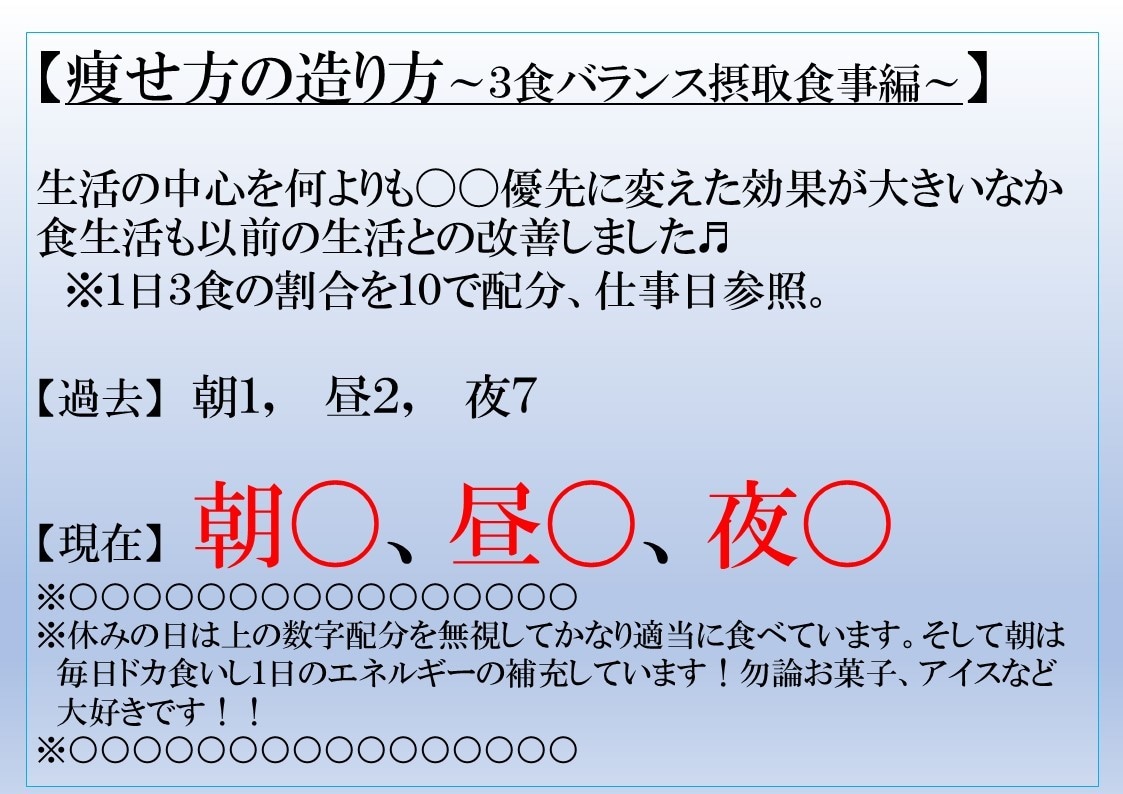 心理的に習慣をつけ大幅減量した自身体験教えます 実際に痩せ方を取得すると太っていたときの理由づけでき維持する イメージ8