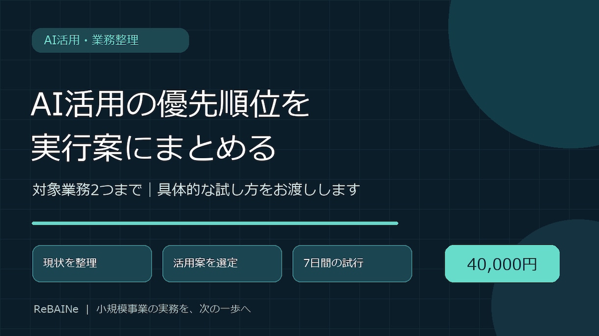 事業に合うAI活用の実行案を作ります 業務2つを整理し、試せる手順とプロンプトを納品 イメージ1