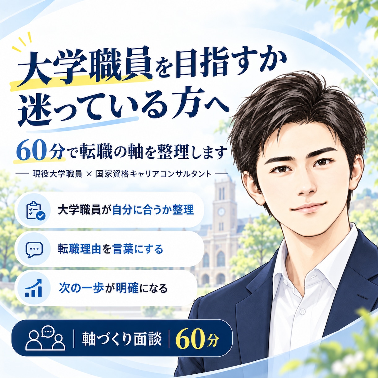 大学職員への転職を迷う気持ちを整理します 現役大学職員✖️キャリアコンサルタントが、60分で頭を整理！ イメージ2