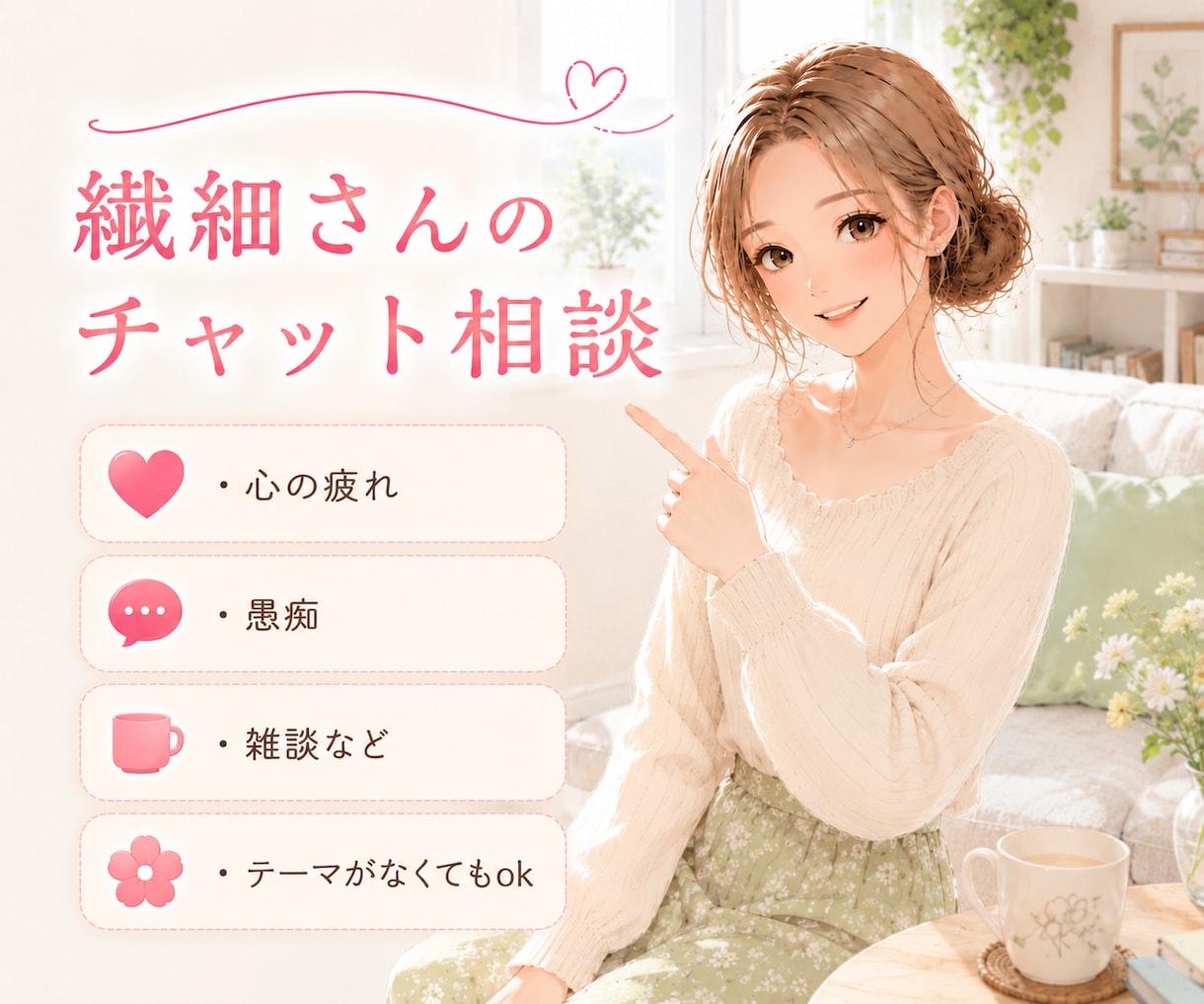 繊細さん、チャットでお話ききます ♡テーマがなくてもOK♡雑談、愚痴、ゆ〜るくお話しましょう イメージ1