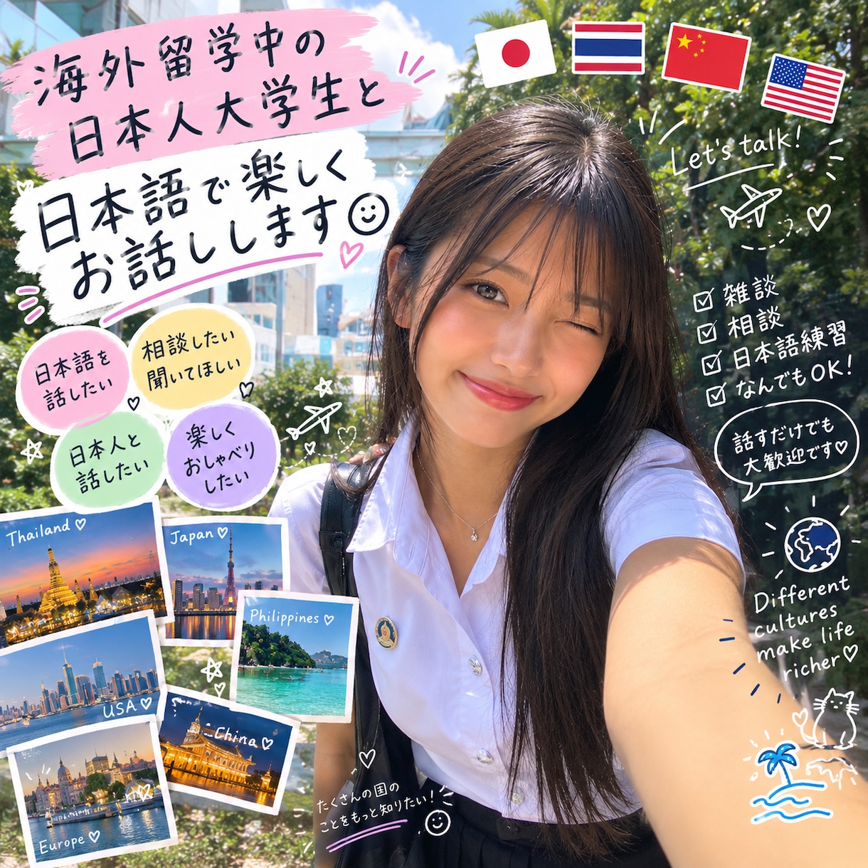 海外留学中の大学生と日本語で楽しくお話します 雑談・相談・日本語練習など、気軽に楽しくお話ししましょう♪ イメージ1