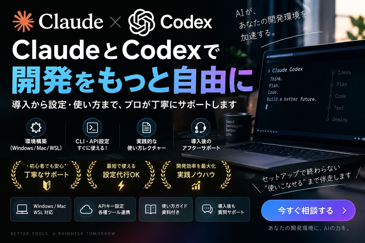 Claude・Codexを使える状態にします インストールから実際に使える状態まで一緒に解決します！ イメージ1