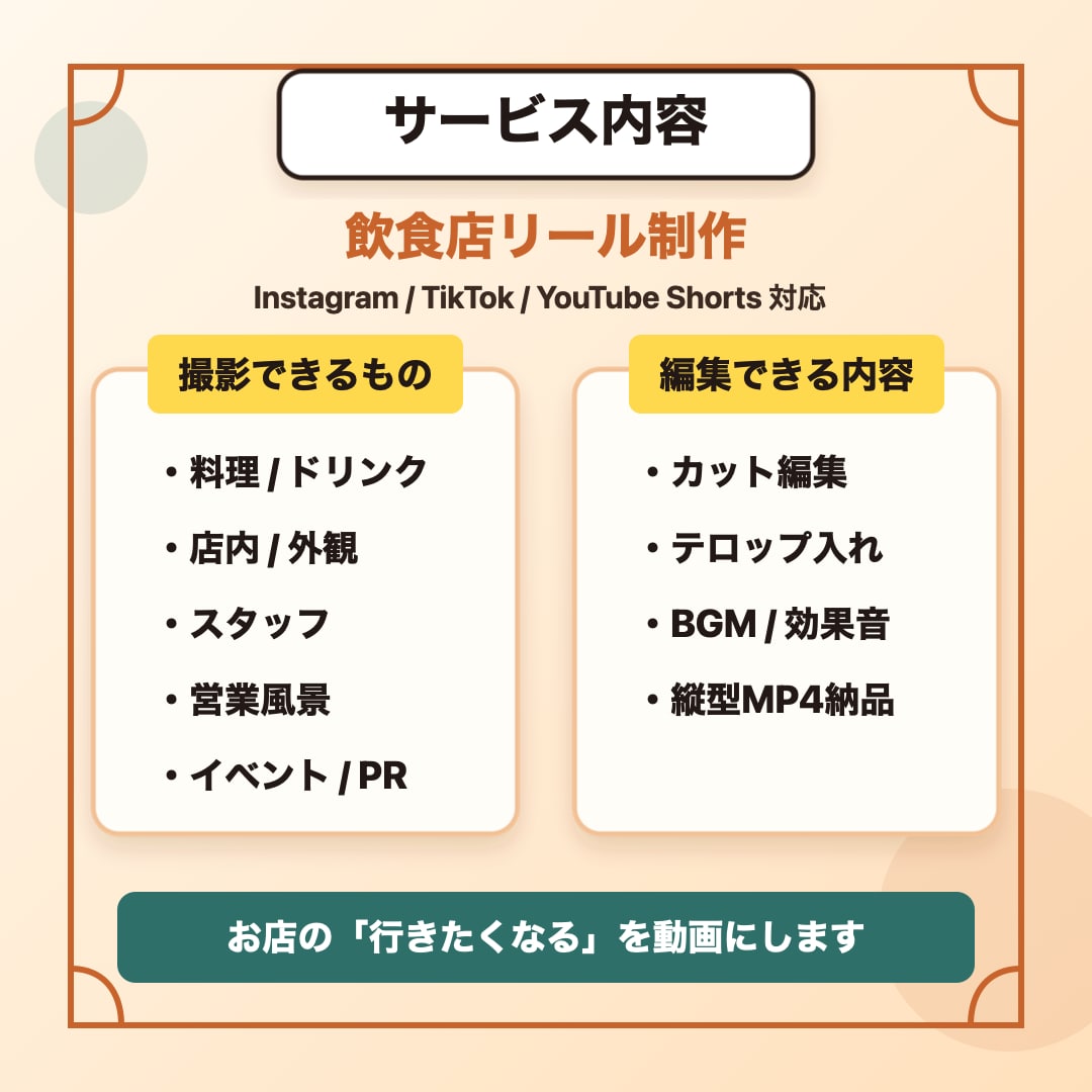 飲食店向けのリール動画を編集します グルメ発信者目線で、料理店内雰囲気が伝わるリールに仕上げます イメージ1
