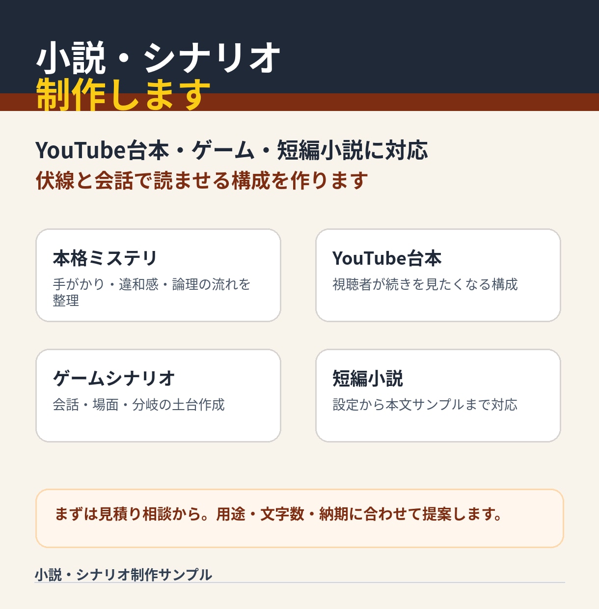 小説・シナリオを書きます 物語の構成から本文まで対応します イメージ1