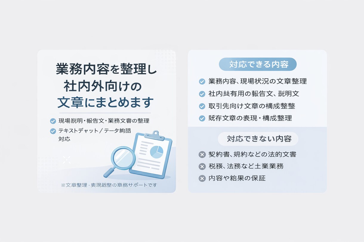 業務内容を整理し、社内外向けの文章にまとめます 現場説明・報告文などを実務向けに整理します イメージ1