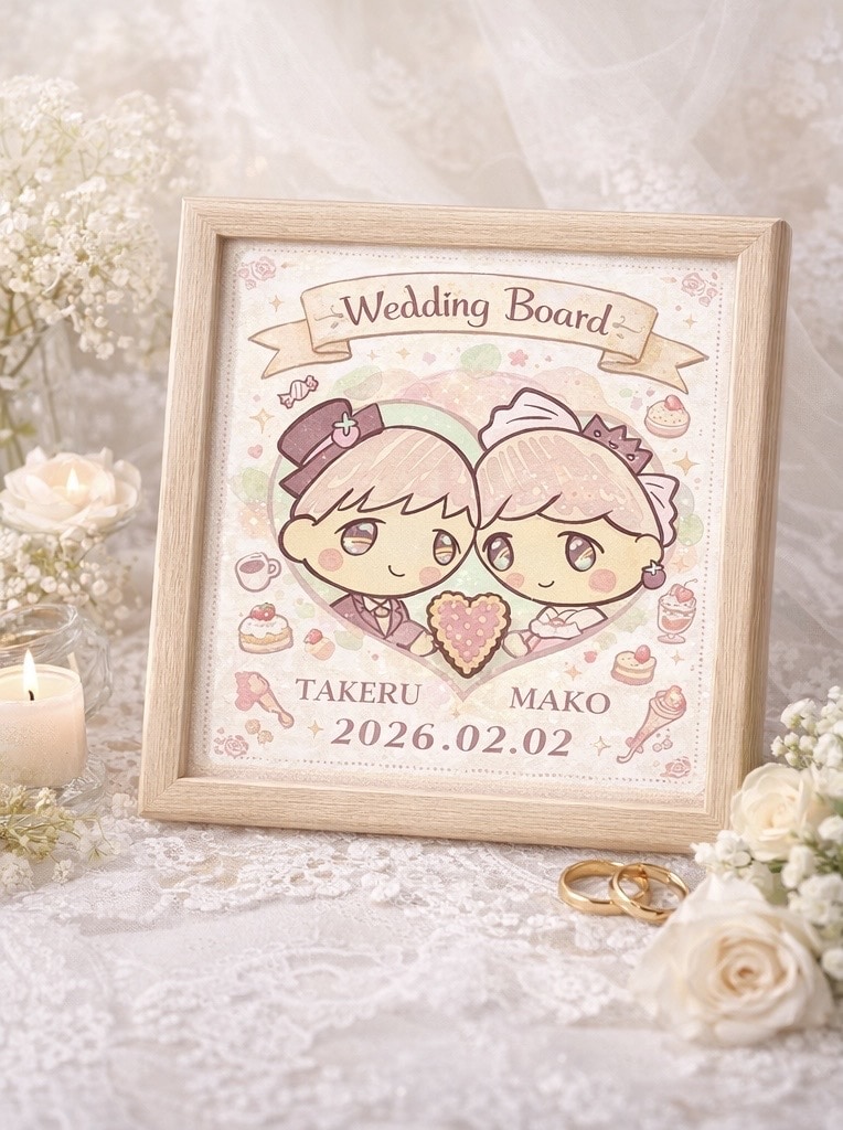 お2人のストーリーをウェディングイラストにします お二人をスイーツモチーフのゆるかわキャライラストにします♡ イメージ1