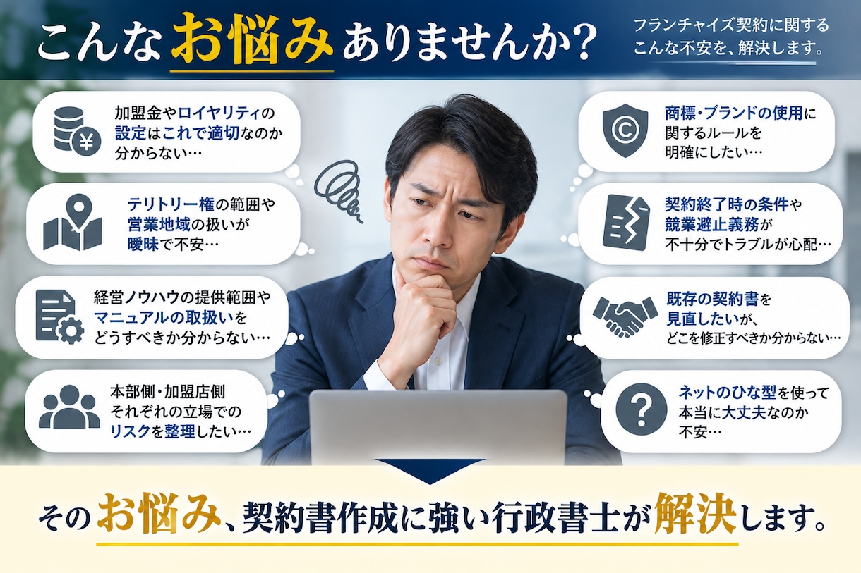 行政書士が「フランチャイズ契約書」を作成致します 契約書に強い行政書士が「フランチャイズ契約書」を作成致します イメージ3