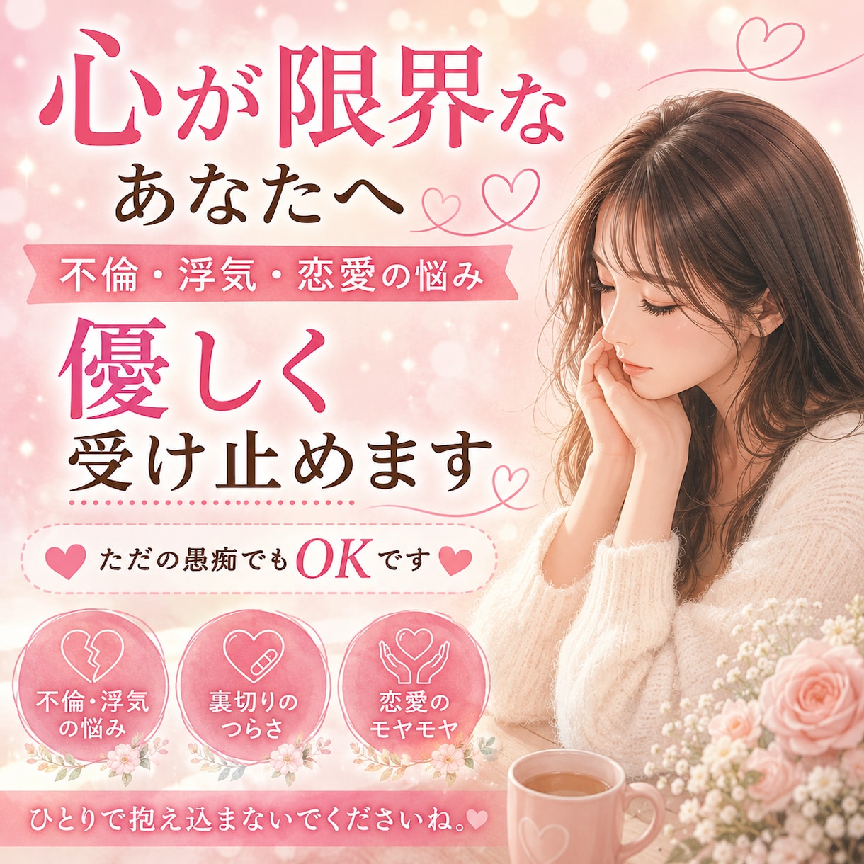 浮気・不倫された？一緒に解決します 泣いてもいい。うまく話せなくてもいい。全部受け止めます。 イメージ1