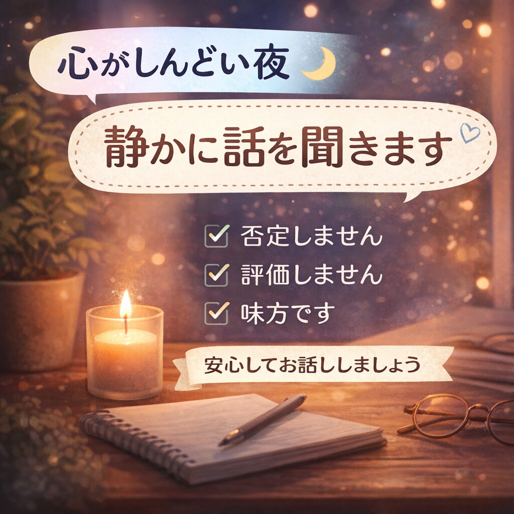 心がしんどい夜、静かに話を聞きます 否定しません。評価しません。味方です。 イメージ1