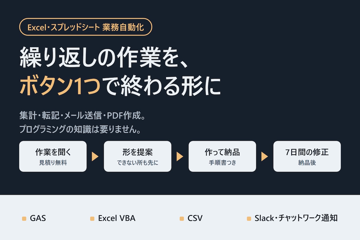 Excel・スプレッドシート繰返し作業自動化します 集計・転記・メール送信を、ボタン1つで終わる形に イメージ1