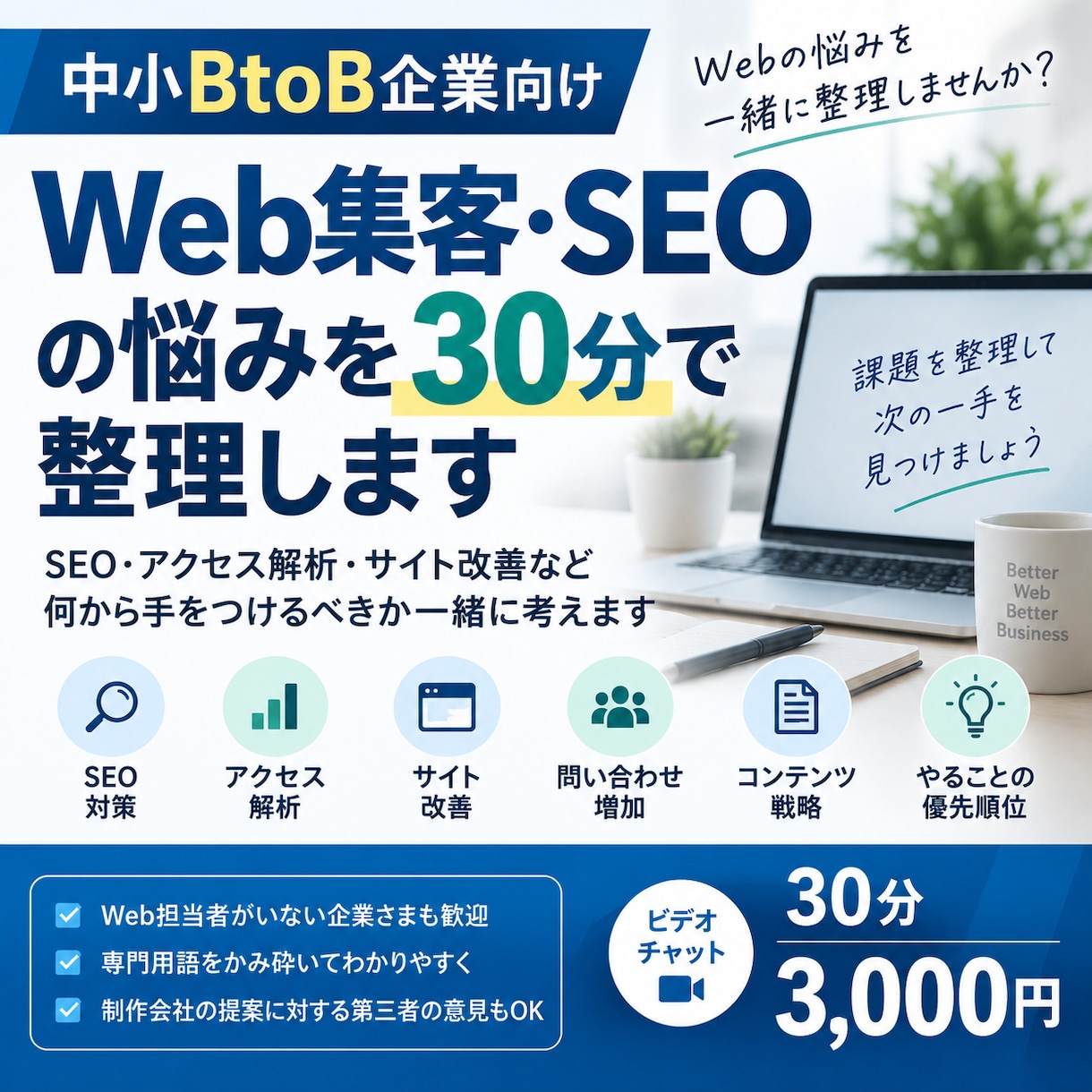 SEO・Web集客の悩みを一緒に整理します サイト課題、改善の優先順位を洗い出し イメージ1