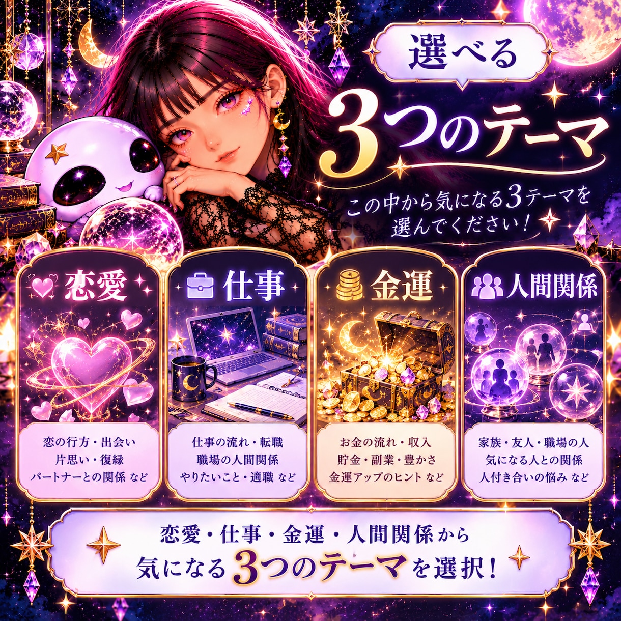 恋愛・仕事・金運など3テーマを総合鑑定します 気になる3つの悩みをまとめて詳しく占います イメージ2