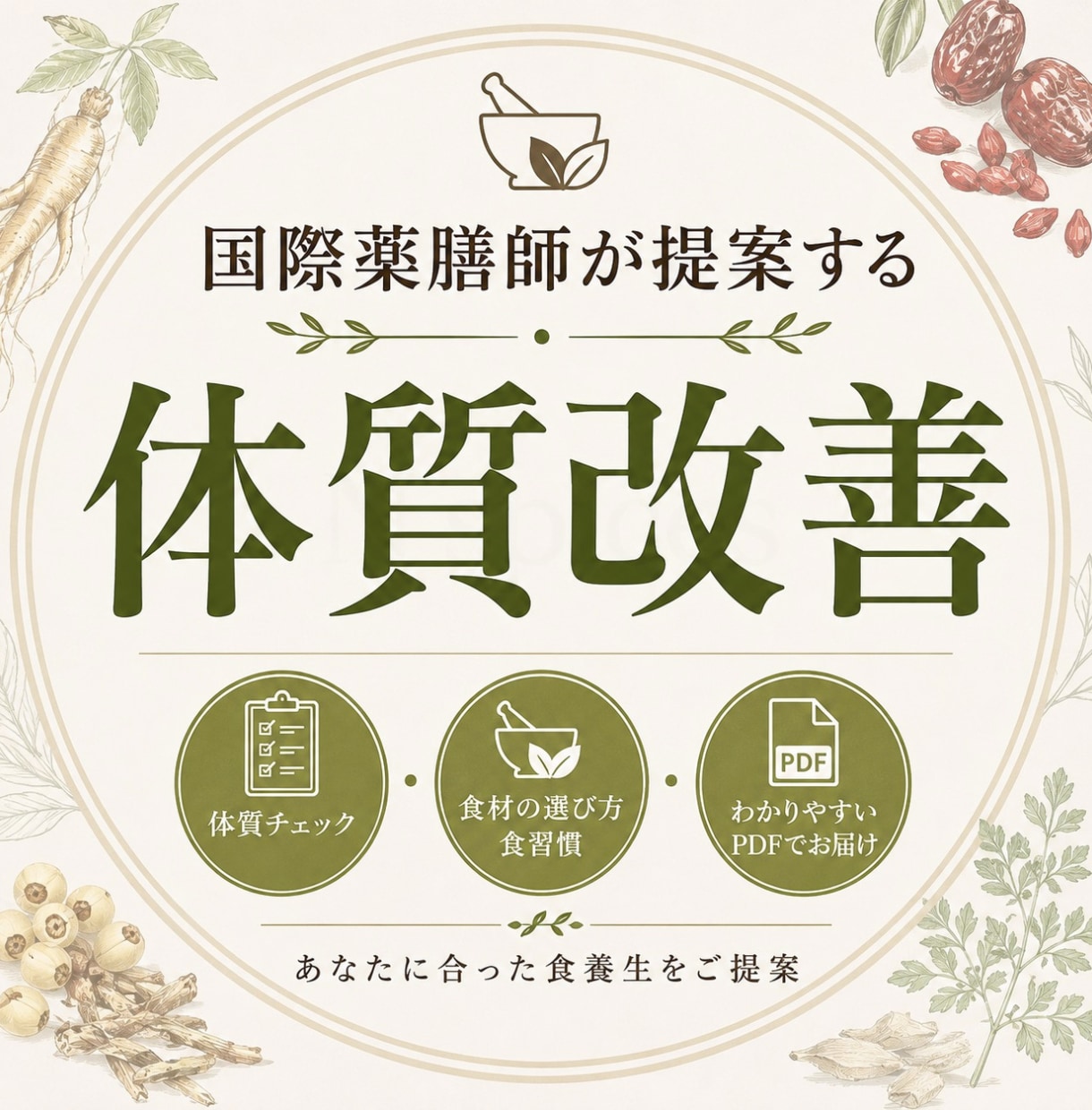 国際薬膳師提案 あなた専用の食養生アドバイスします 国際薬膳師があなたに合う食養生と体質改善法を丁寧にアドバイス イメージ1