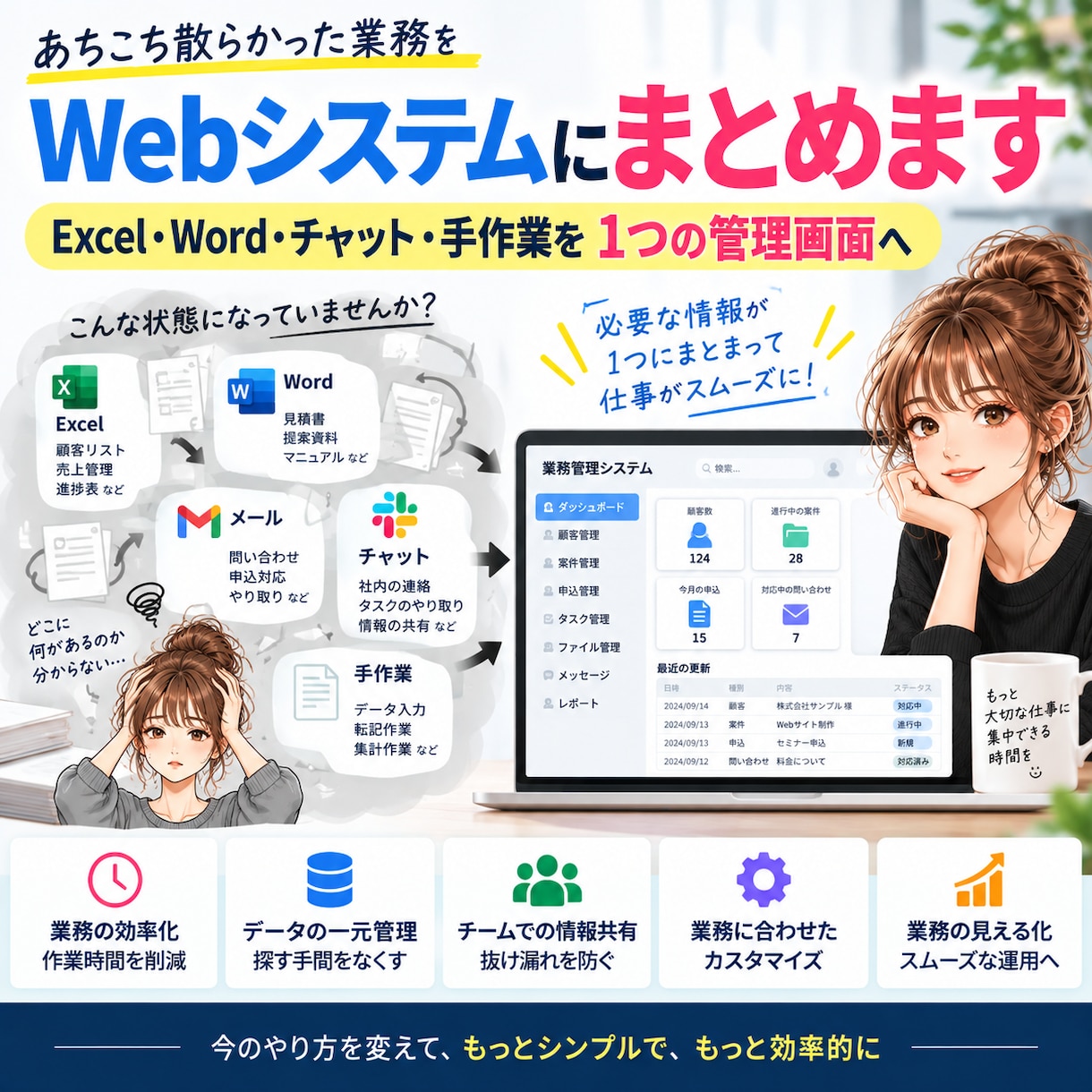 あちこち散らかった業務をWebシステムにまとめます Excel・Word・チャット・手作業を1つの管理画面へ イメージ1