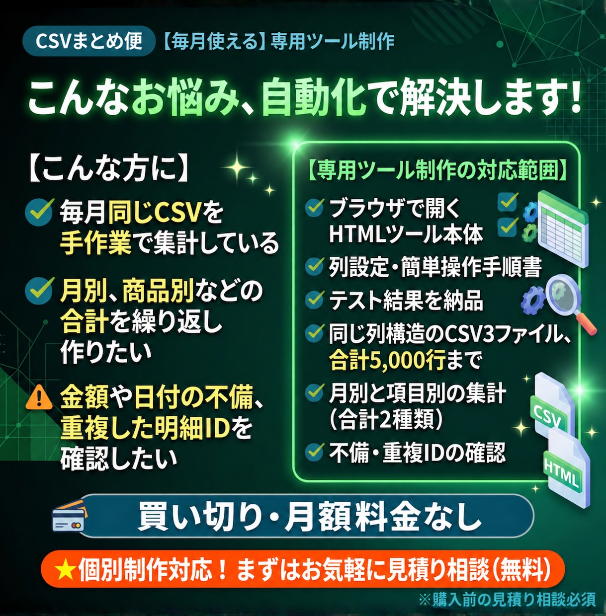 毎月のCSV集計を専用ツールで自動化します 月別・商品別集計と不備確認。買い切りで毎月使える イメージ2