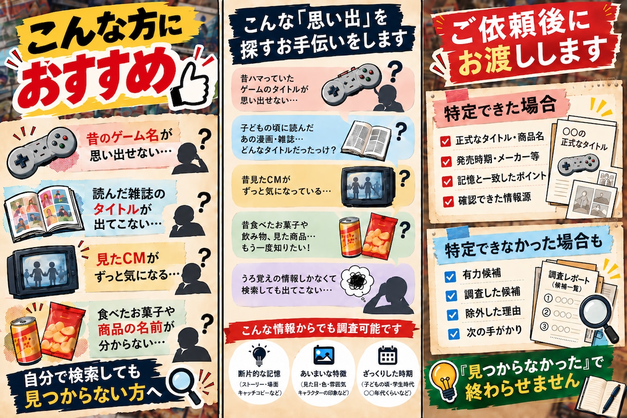 検索しても見つからない昔の「あれ」を探します ゲーム・雑誌・CM等あらゆるものを記憶の断片から特定します イメージ2