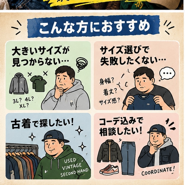 大柄メンズ向け｜体型・予算に合う古着を探します 身幅・着丈まで確認して購入候補を厳選します イメージ3