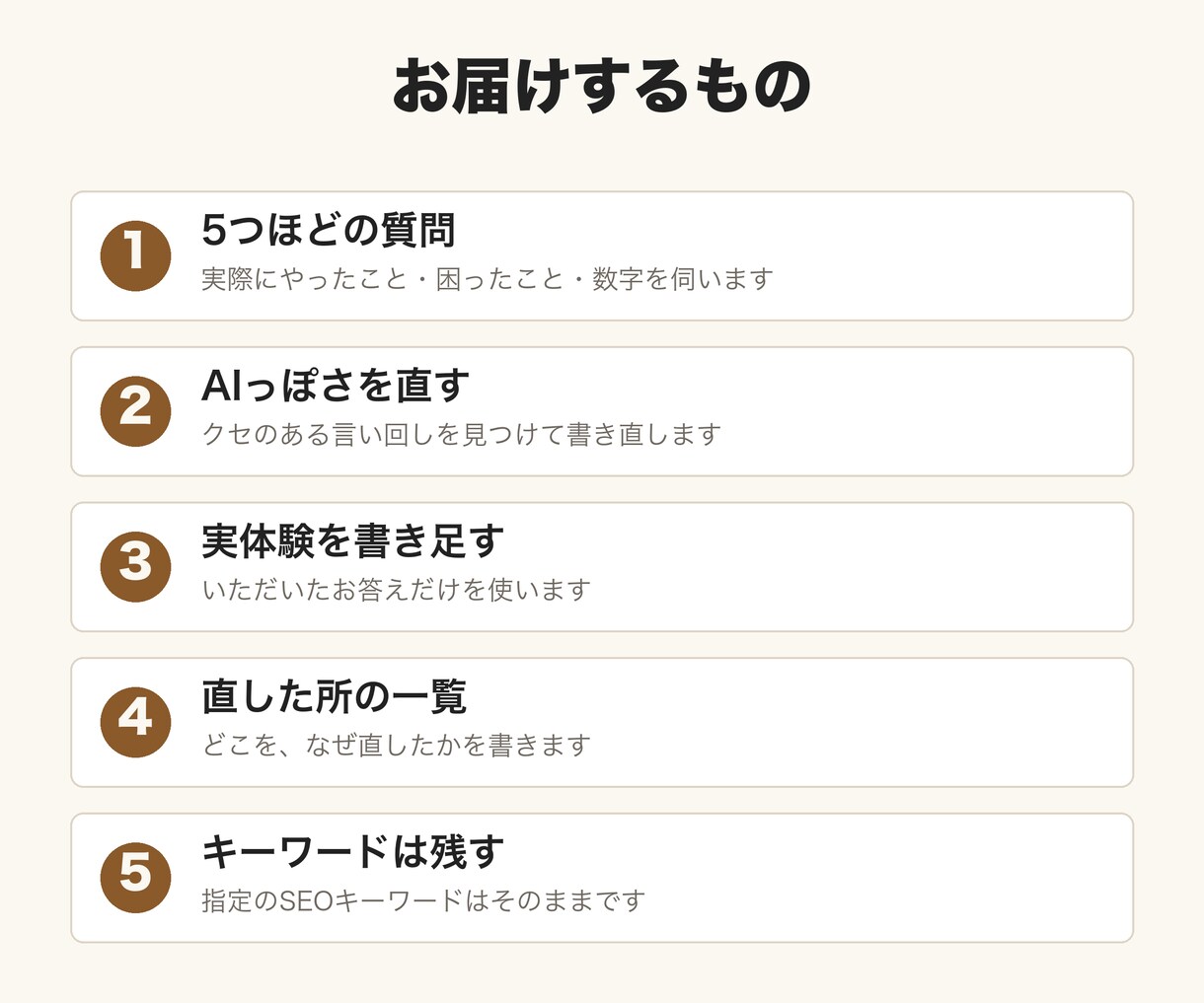 AIで書いた記事を、あなたの言葉の文章に直します AIっぽい言い回しを消し、あなたの実体験を聞いて書き足します イメージ2