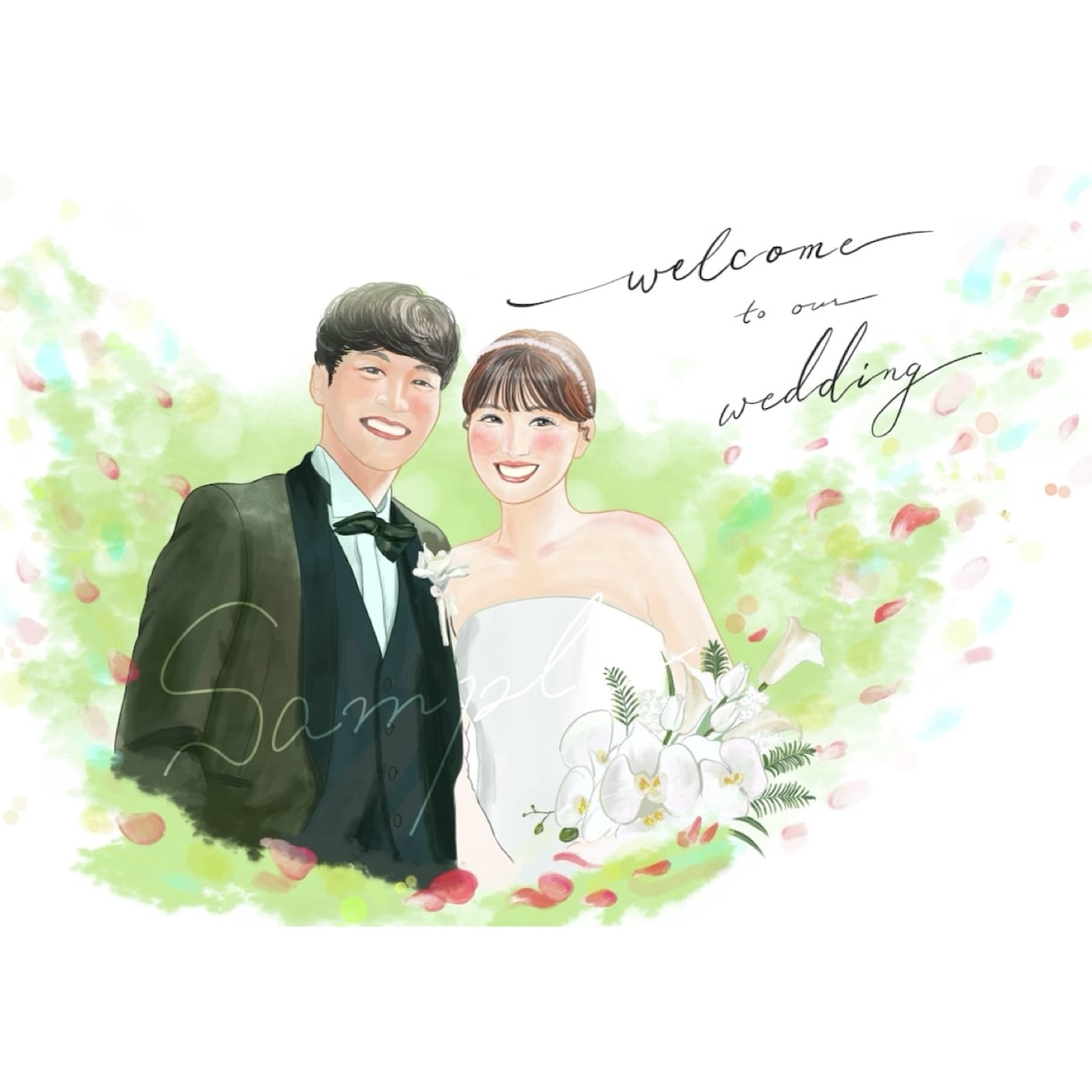 にっこり笑顔溢れるウェルカムボードをお描きします 結婚式を彩るふんわり柔らかい似顔絵ウェルカムボード イメージ1