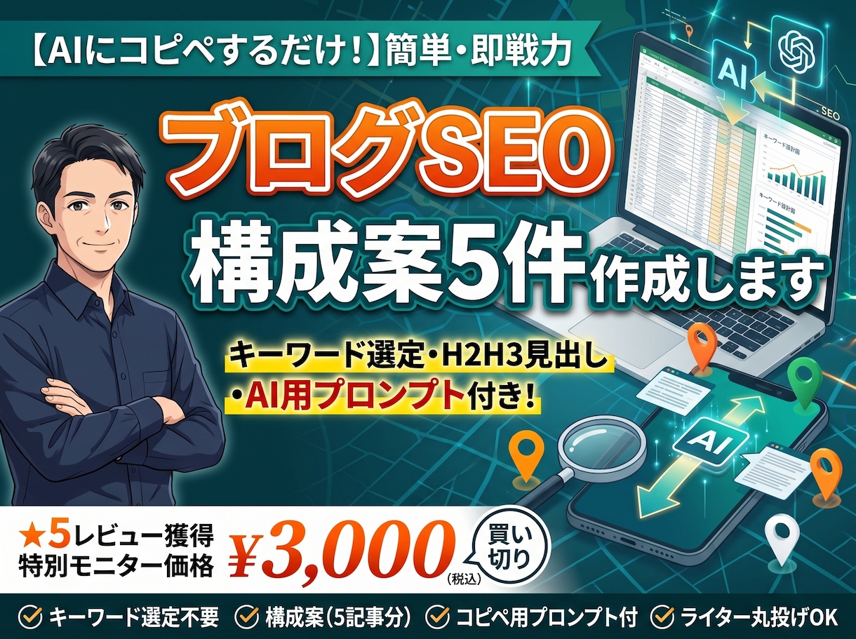 AI執筆に最適！ブログSEO構成案を5件作成します AIにコピペするだけ！上位表示を狙える記事プロンプトと構成案 イメージ1