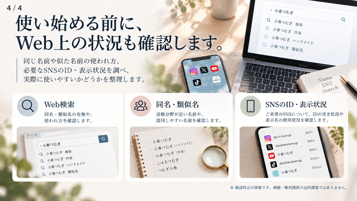 活動名の候補を、呼ばれ方まで見て比較します SNS表示・紹介・作品署名など、実際に使う場面での違いを整理 イメージ4
