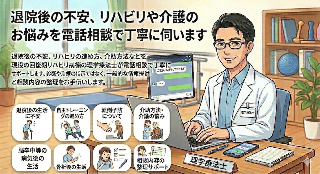 現役理学療法士がリハビリ相談に乗りますます 退院後の不安や介護の悩みを電話にて相談対応 イメージ1