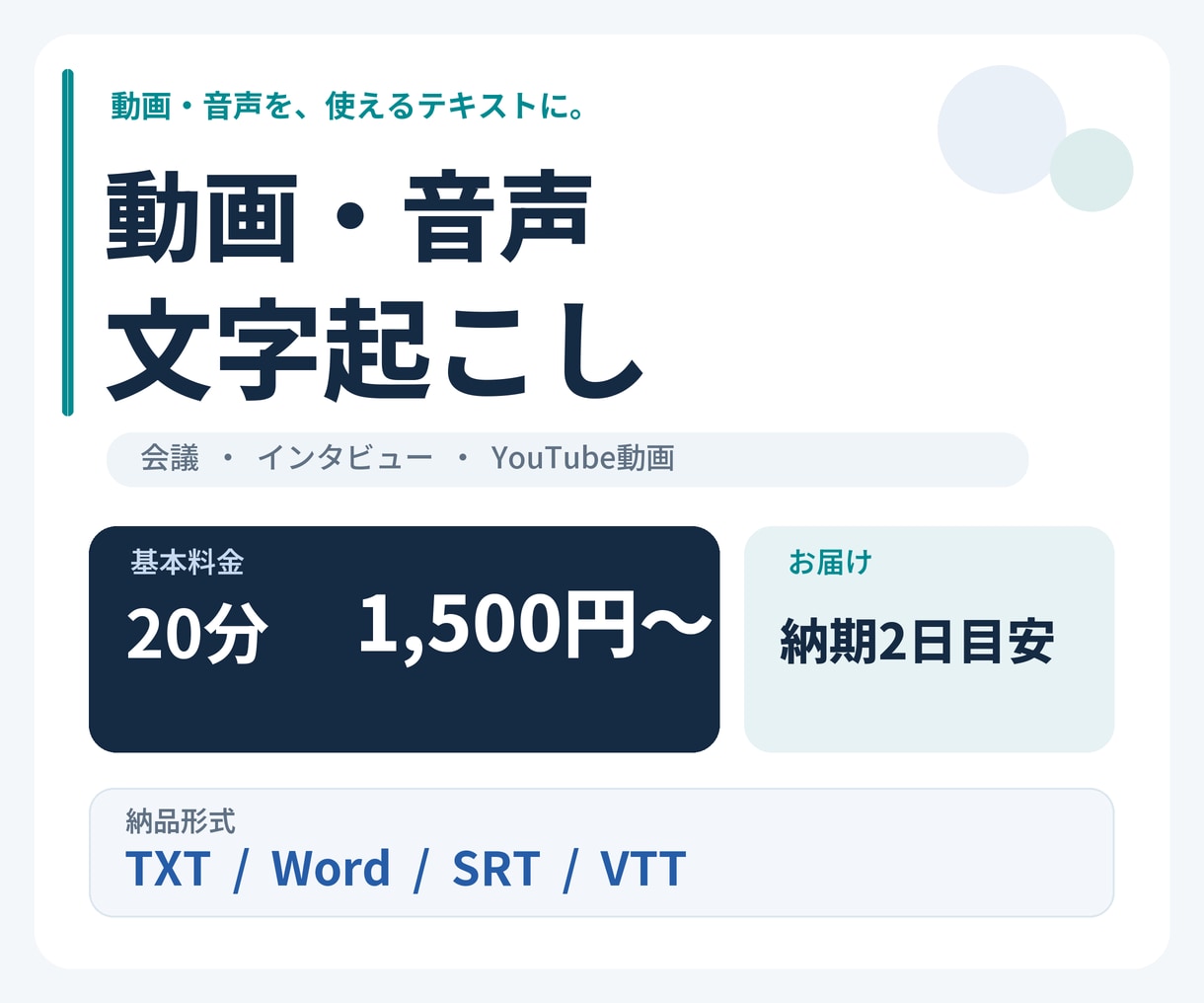 動画・音声を読みやすく文字起こしします 20分1,500円｜原稿も字幕データも納品 イメージ1