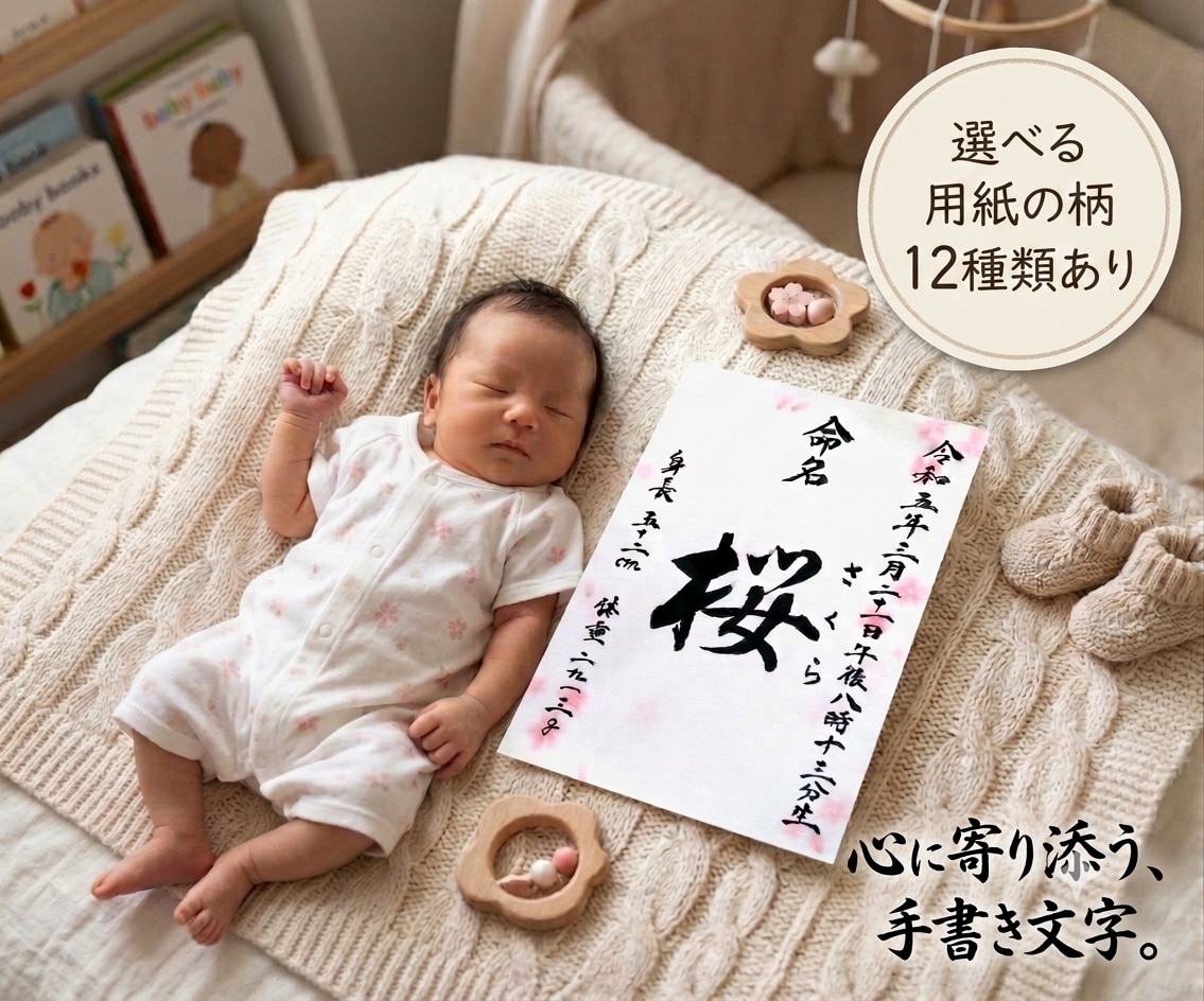 毛筆で揮毫の命名書！A4サイズ内容自由、柄選べます 一生に一度の宝物！飾るだけで空間が華やぐ温もりオーダーメイド イメージ1