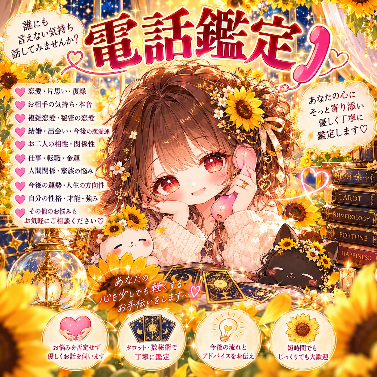 恋愛や人生のお悩みを電話で優しく占います 誰にも言えない気持ちに寄り添い心を込めて鑑定します イメージ1