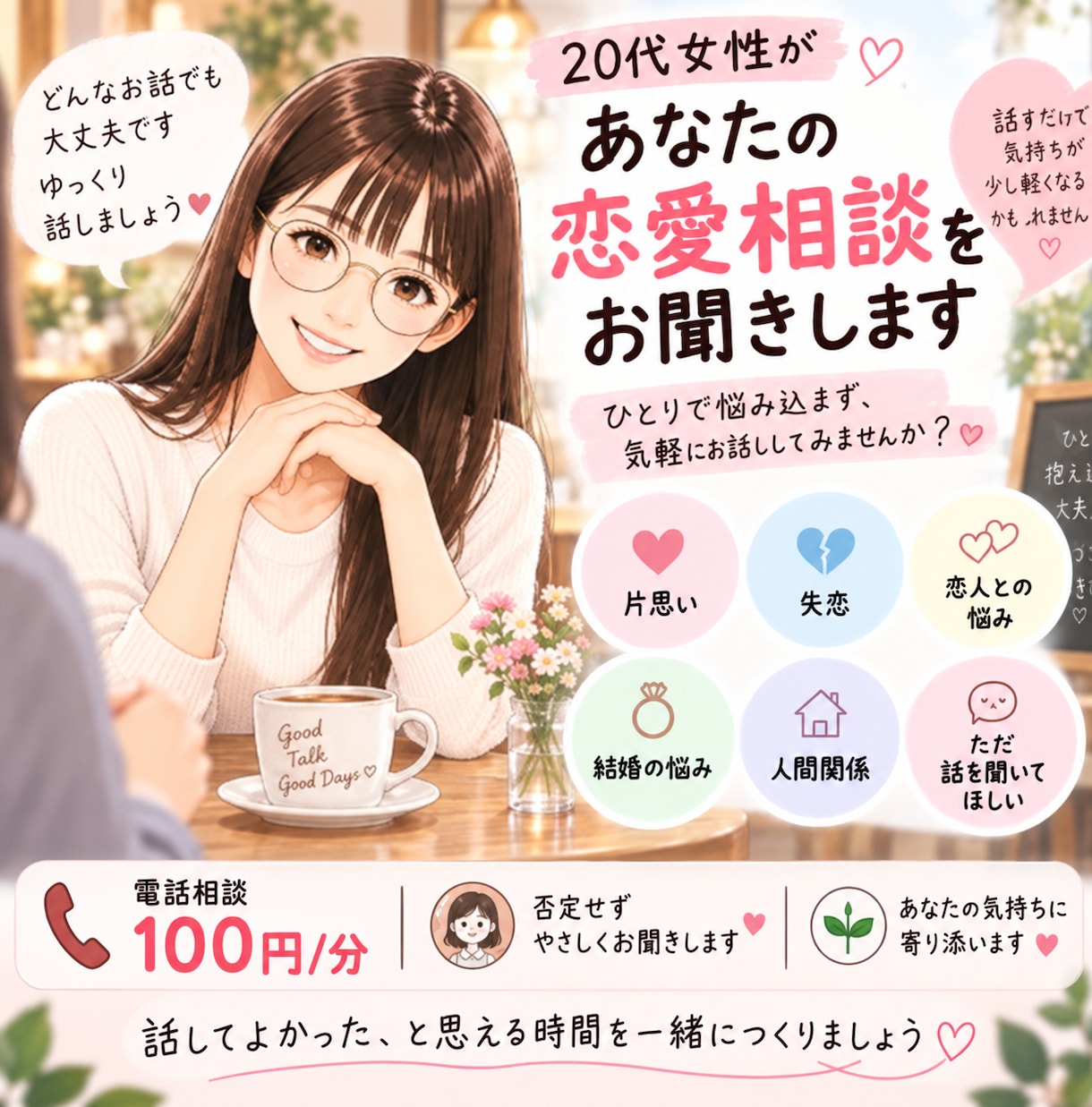 20代女性が恋愛のお悩みをお聞きします 片思い・失恋・恋人・夫婦の悩み、恋愛相談全般を承ります イメージ1
