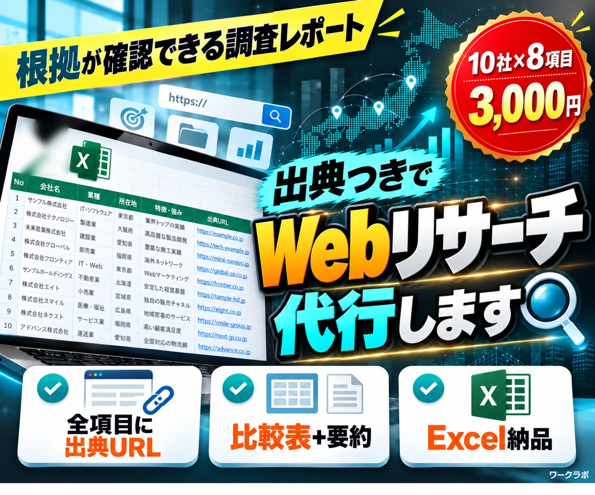 出典つきでWebリサーチ・情報収集を代行します 競合・価格・市場を調べて、比較表と要約でお届け イメージ1