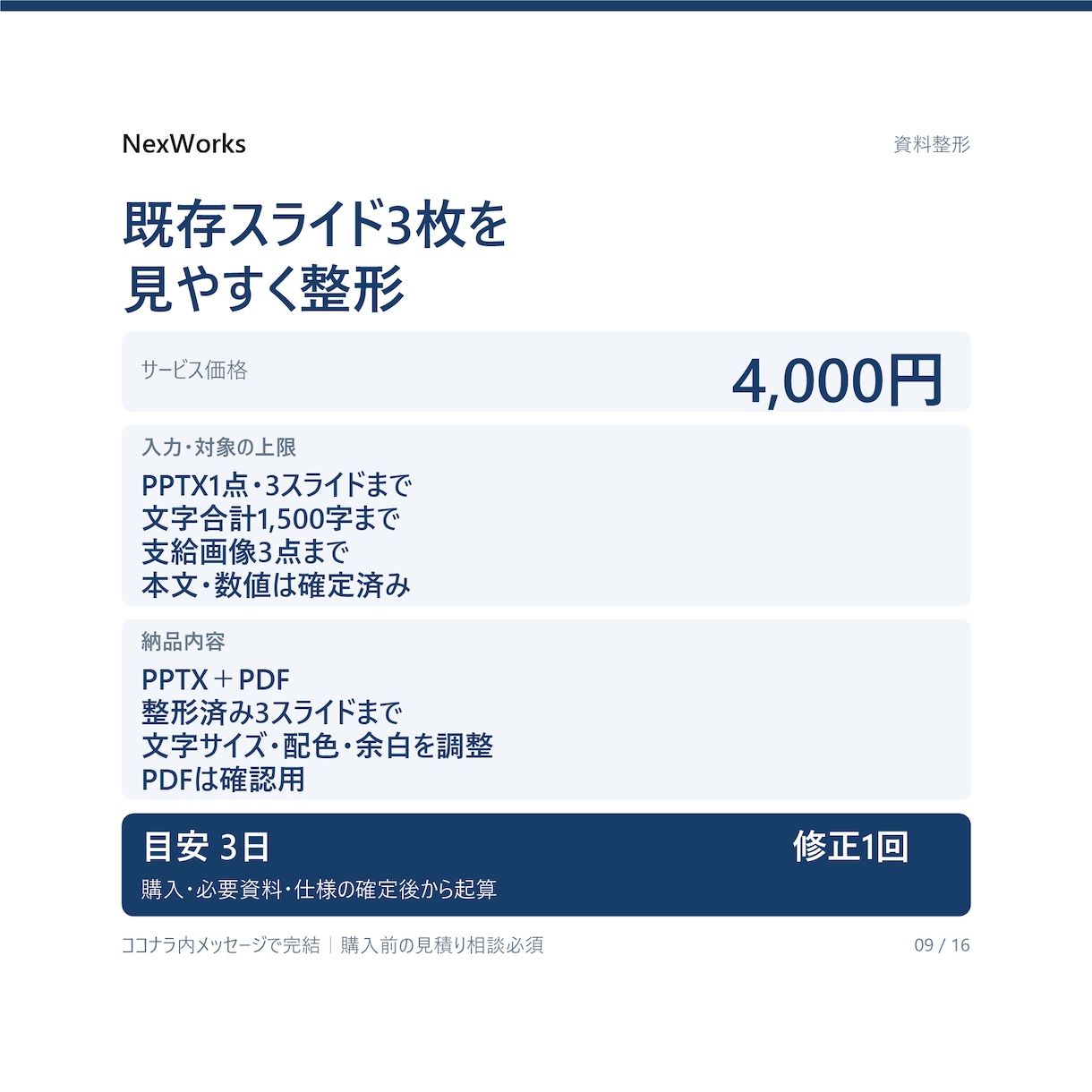 既存スライド3枚を見やすく整えます 内容確定の資料に｜文字・余白・配色を調整 イメージ1