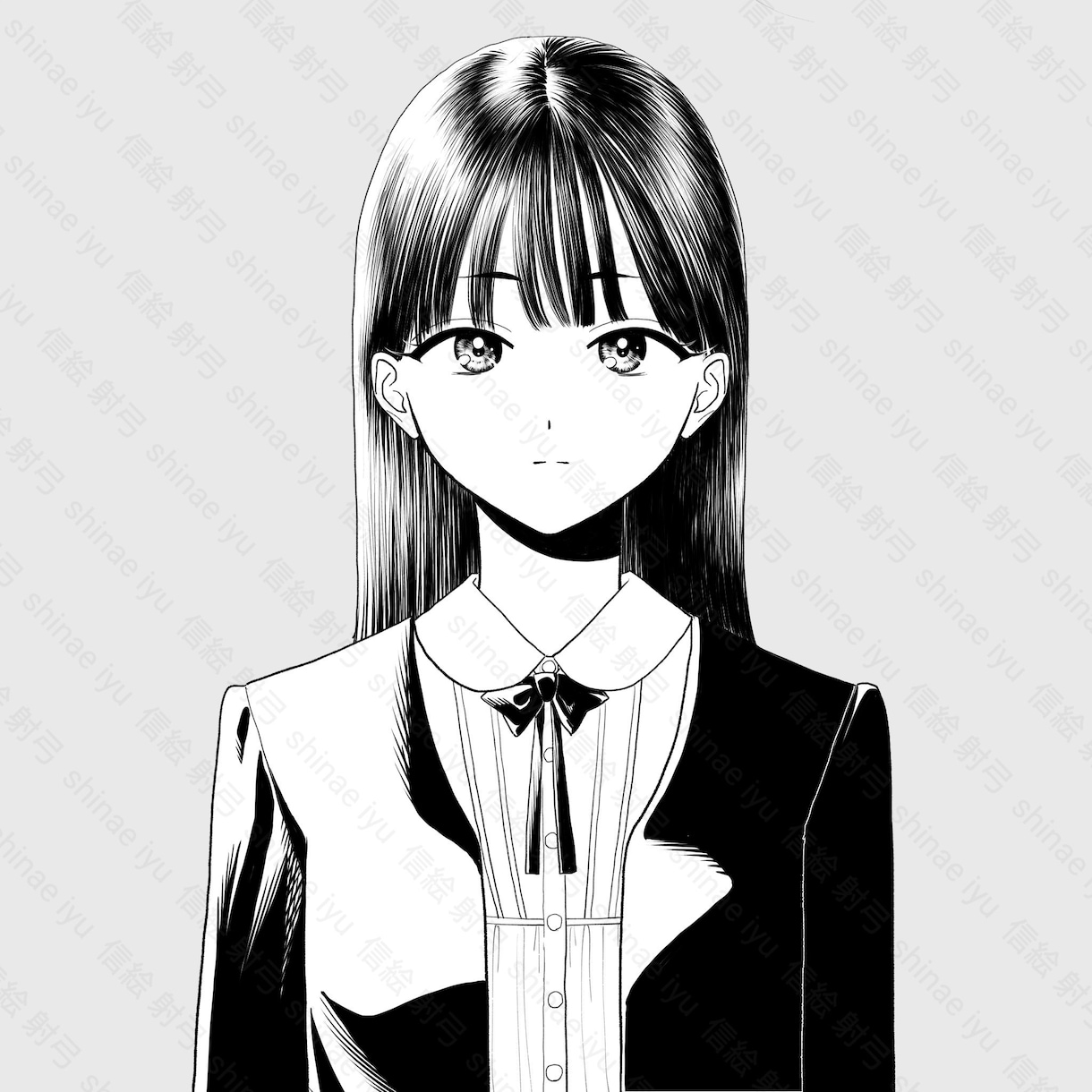 モノクロ(白黒)でアイコンに使える女の子描きます 真正面バストアップの女の子を描きます イメージ1