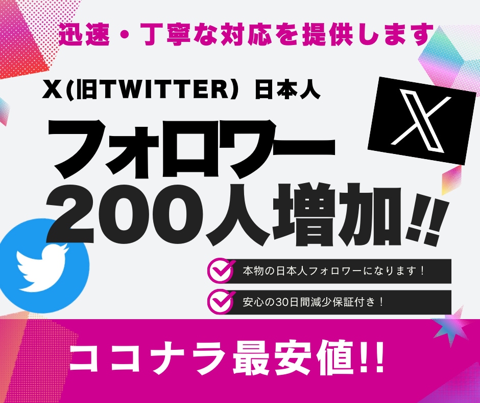 X・旧Twitterの日本人フォロワーを増加します 高品質な本物の日本人フォロワー200人増加！30日減少保証 イメージ1