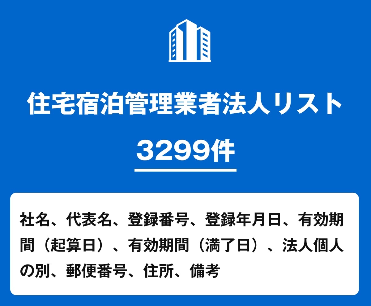 営業リスト 住宅宿泊管理業者リストを即納いたします 3,299件｜民泊・宿泊管理業向け営業データ イメージ1