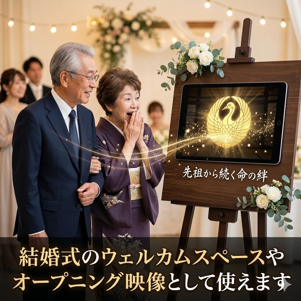 結婚式ウェルカム動画｜両家の家紋で和婚演出します 先祖とあなたを結ぶ命の絆。黄金の家紋で綴る感謝の和婚演出。 イメージ1