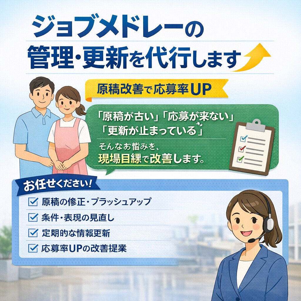 ジョブメドレーの原稿管理・更新を代行します ジョブメドレー運用をサポート｜原稿改善・更新対応 イメージ1