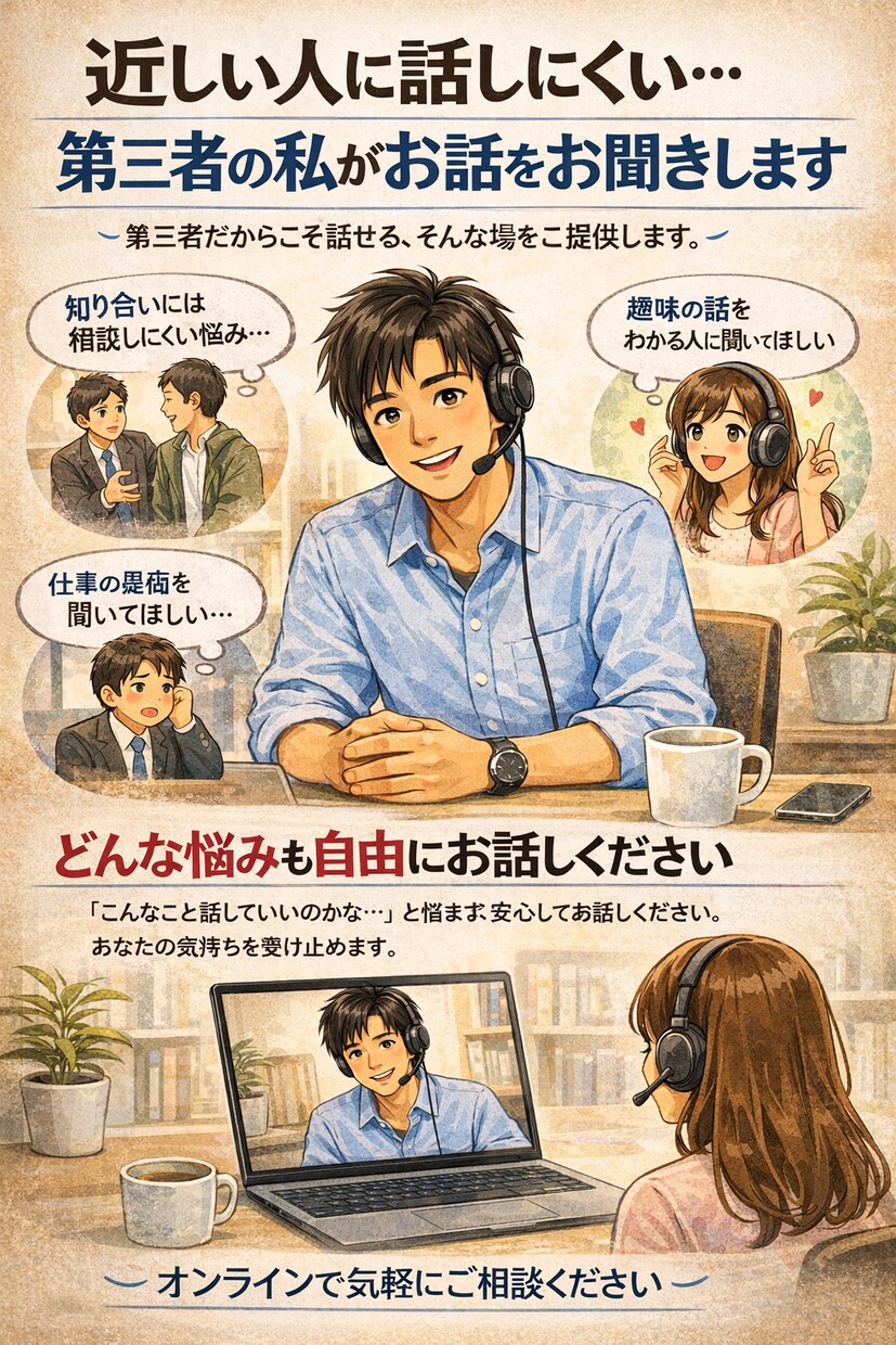近しい人に話しにくい。第三者の私がお聞きします 第三者だからこそ言える。そんな場を提供します イメージ1