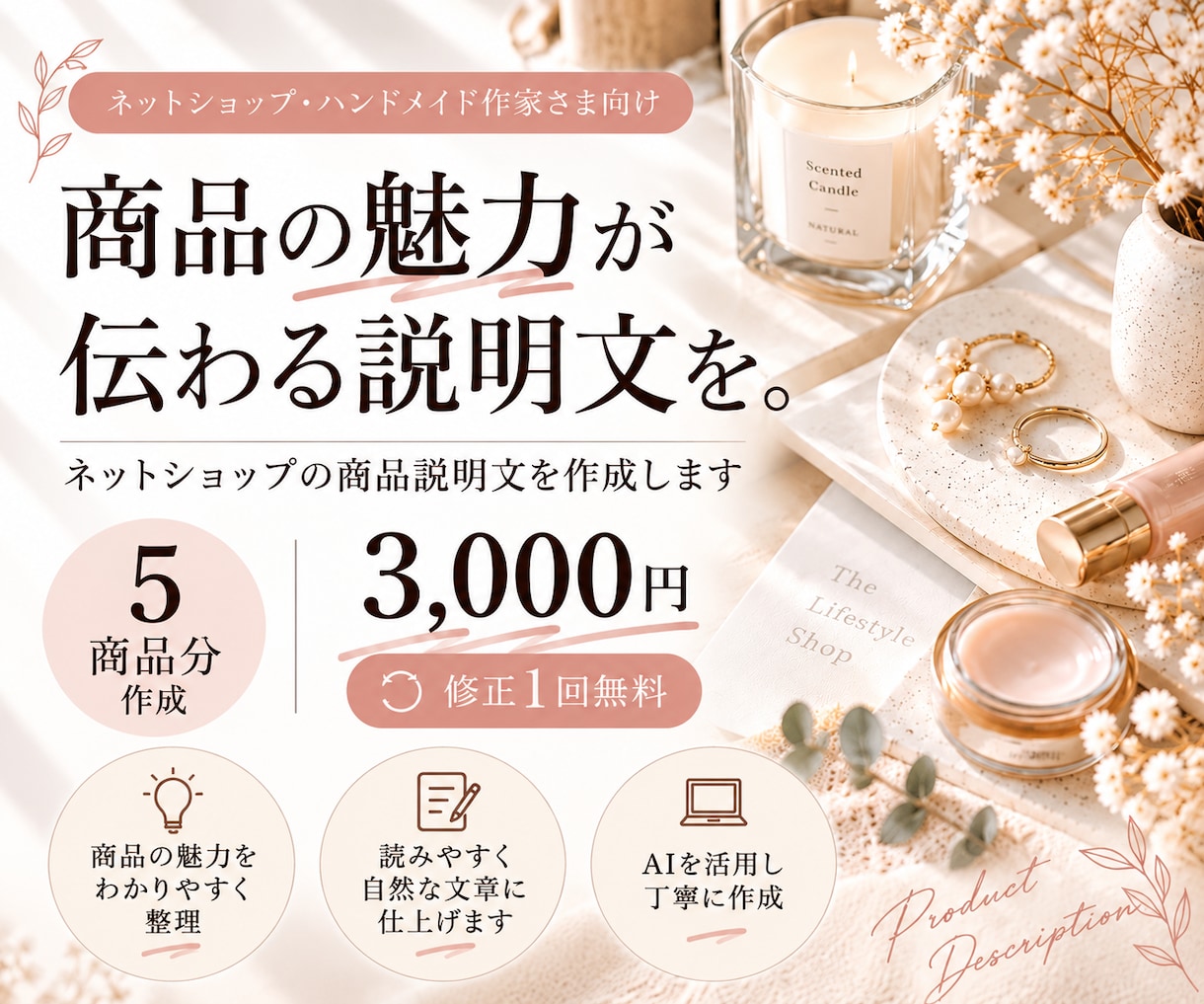 ネットショップの商品説明文を5点作成します AIを活用し、商品の魅力が伝わる自然な文章に仕上げます。 イメージ1